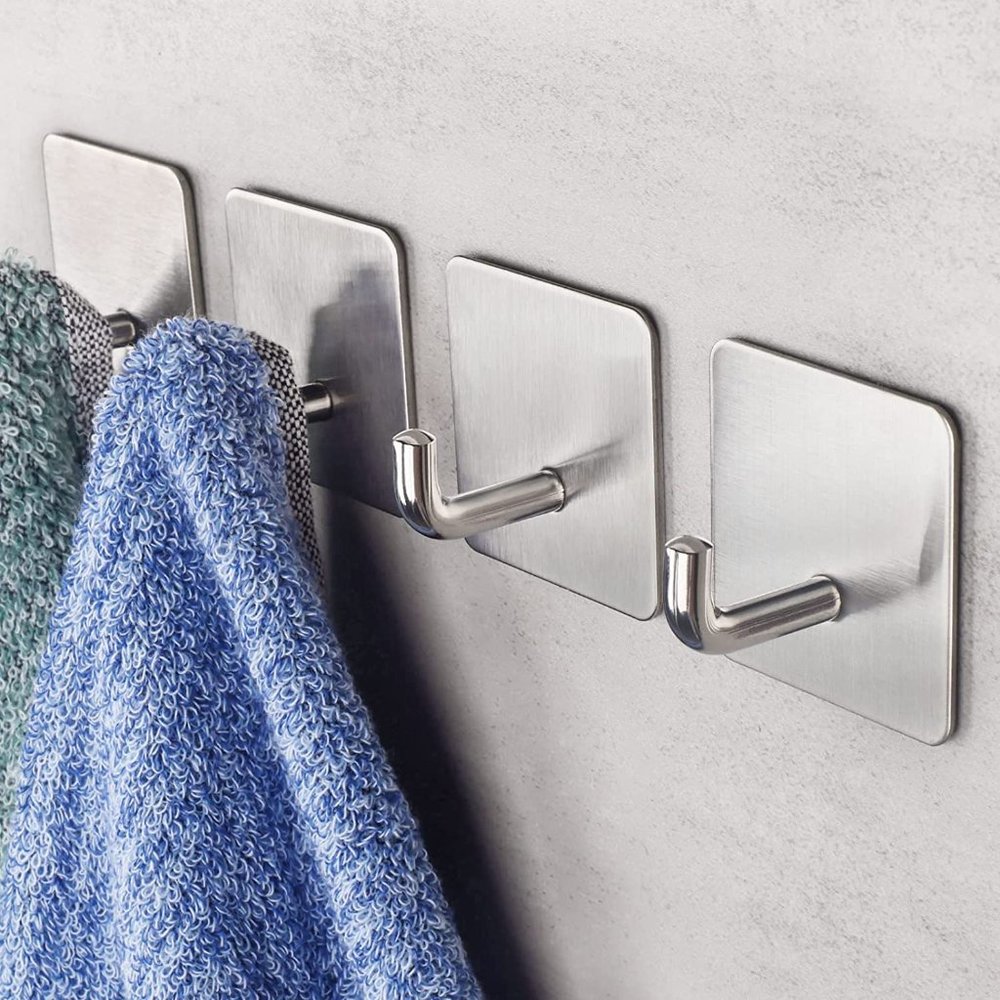 Home Silver 4 pack Stainless Steel Heavy Duty Stick on Wall and Door Hooks